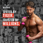 Tiger Shroff  holding pink neoprene  dumbbells with Slovic branding and text in the background