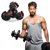 Tiger Shroff holding 
slovic adjustable dumbbells with a white background