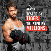 Tiger Shroff lifting weights with promotional text for Slovic brand