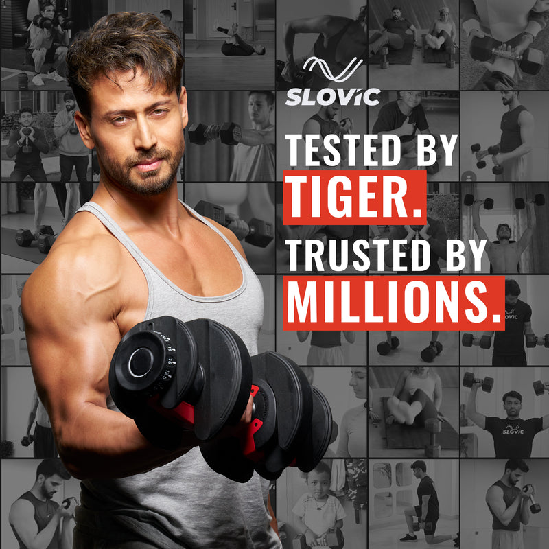 Tiger Shroff lifting weights with promotional text for Slovic brand