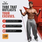 Advertisement for Slovic exercise tube with Tiger Shroff resistance tube  using it, featuring product features and branding.