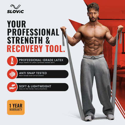 Tiger Shroff using Slovic thera resistance bands with Slovic branding and product features on a white background