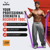 Tiger Shroff using a Slovic purple resistance band with Slovic branding and product features on a white background