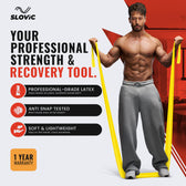 Tiger Shroff using a Slovic yellow resistance band with Slovic branding and product features on a white background