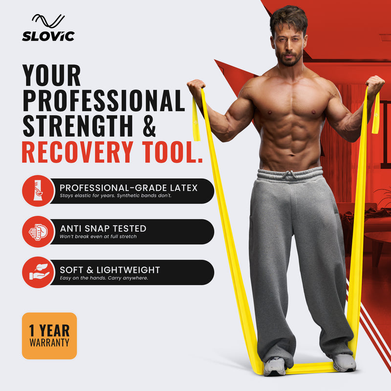 Tiger Shroff using a Slovic yellow resistance band with Slovic branding and product features on a white background