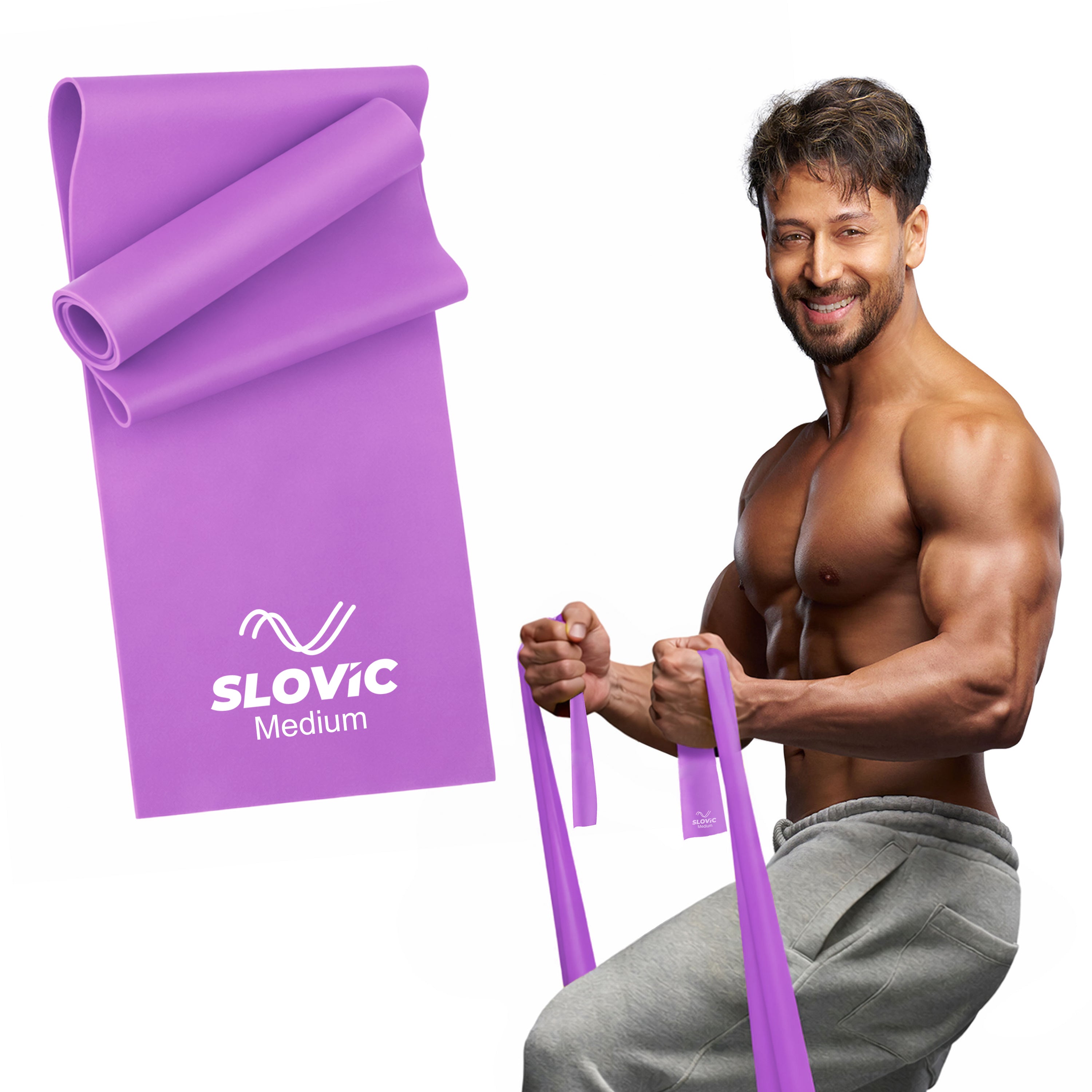 Tiger Shroff using a purple Sloivc thera resistance band with SLOVIC branding on a white background