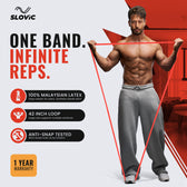 Tiger Shroff using a red resistance band with Slovic branding and product features highlighted.