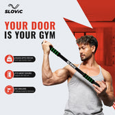 Tiger Shroff using slovic door way pull up bar using a home gym setup with Slovic equipment, featuring the brand name on a promotional graphic.