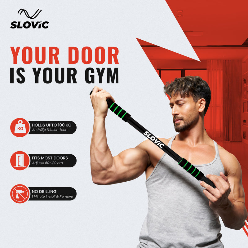 Tiger Shroff using slovic door way pull up bar using a home gym setup with Slovic equipment, featuring the brand name on a promotional graphic.
