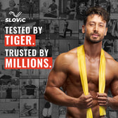 Tiger Shroff  with a yellow strap against a collage of people exercising, with Slovic branding.