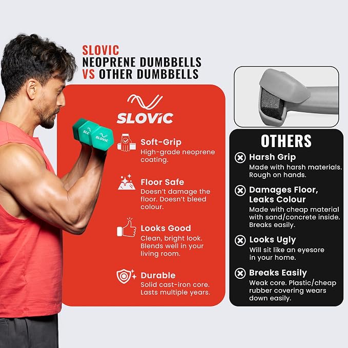 Tiger shroff holding Slovic neoprene dumbbells with comparison chart on a gray background
