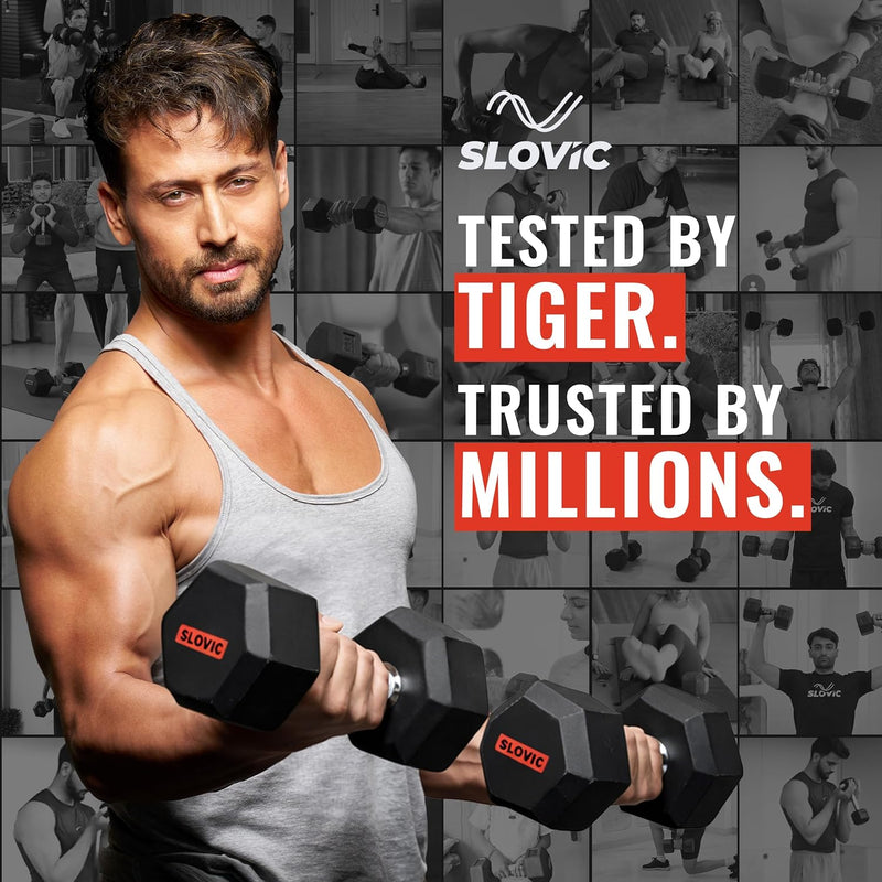 Tiger shroff lifting weights with promotional text for SLOVIC on a collage background