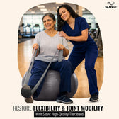 Two women exercising with a Slovic  thera resistance band on an exercise ball in a gym setting, promoting Slovic high-quality theraband.