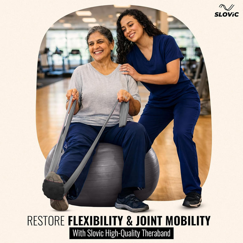 Two women exercising with a Slovic  thera resistance band on an exercise ball in a gym setting, promoting Slovic high-quality theraband.