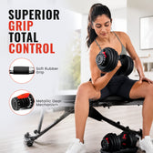 Woman exercising with Slovic  adjustable dumbbells in a home gym setting, emphasizing grip and control features.
