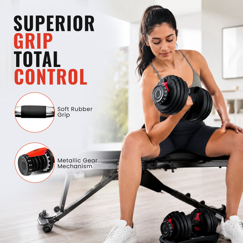 Woman exercising with Slovic  adjustable dumbbells in a home gym setting, emphasizing grip and control features.