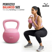 Woman exercising with a pink kettlebell, featuring the brand 'Slovic'.