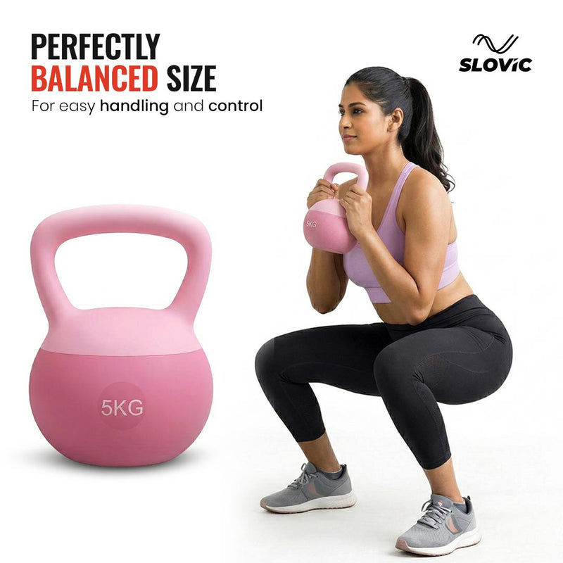 Woman exercising with a pink kettlebell, featuring the brand 'Slovic'.