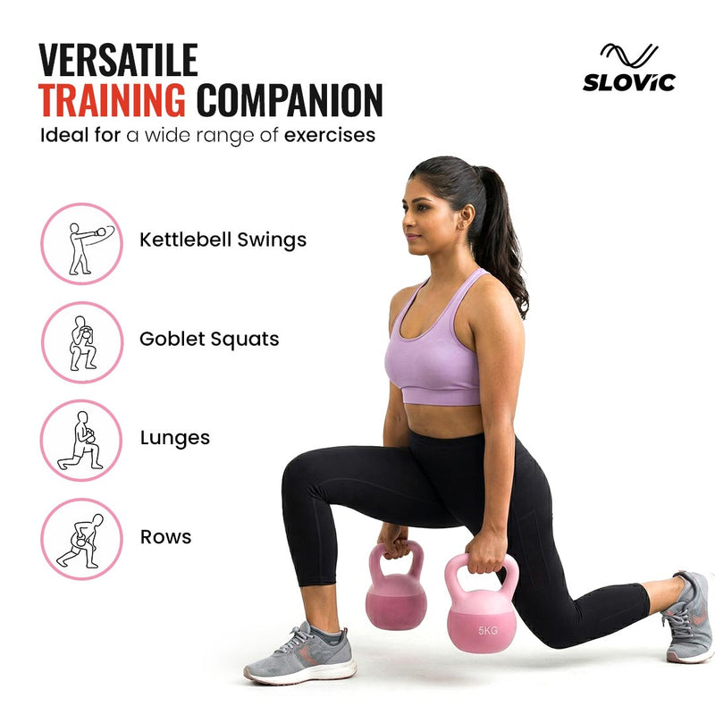 Woman exercising with pink kettlebells on a white background, featuring the Slovic brand.