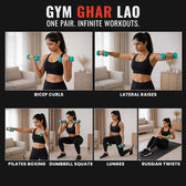 Woman performing various exercises with Slovic neoprene  dumbbells in a home setting, promoting 'Gym Ghar Lao' brand.