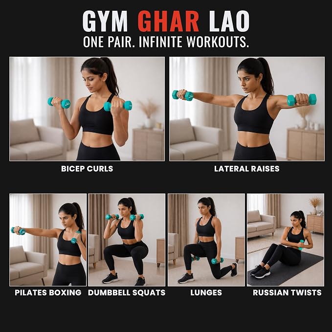 Woman performing various exercises with Slovic neoprene  dumbbells in a home setting, promoting 'Gym Ghar Lao' brand.