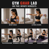 Woman performing various gym exercises with  neoprene  dumbbells in a home setting, featuring the brand 'Gym Ghar Lao'. "Slovic"
