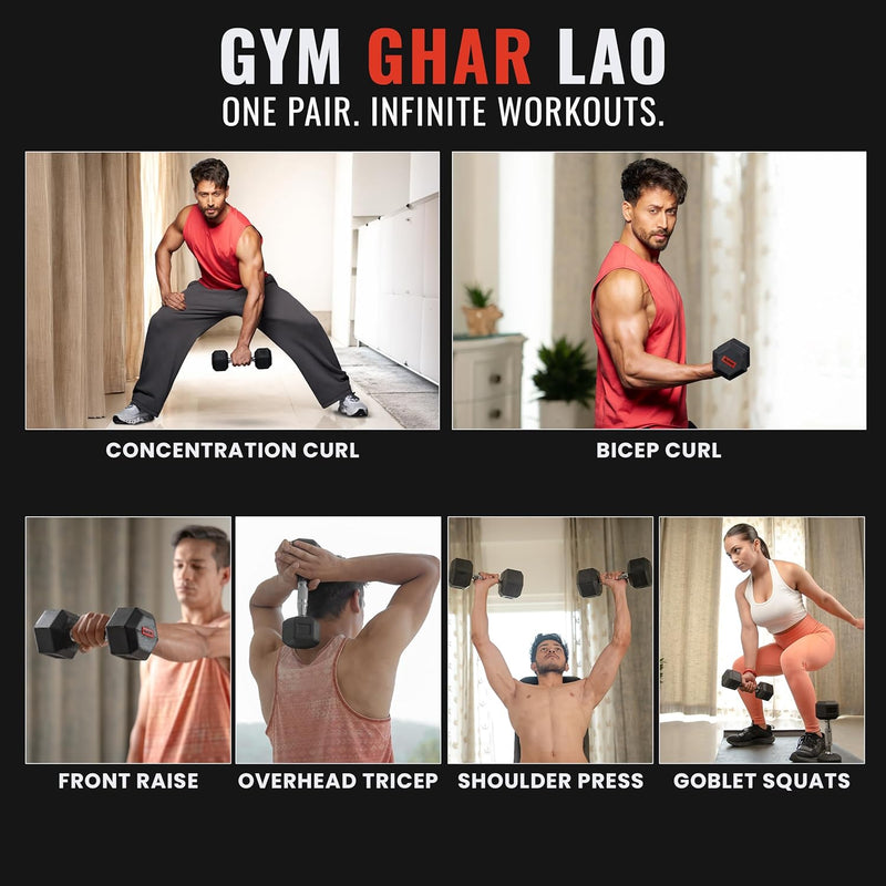 Workout routine with Slovic dumbbells shown in various exercises with text 'Gym Ghar Lao'. by Tiger Shroff