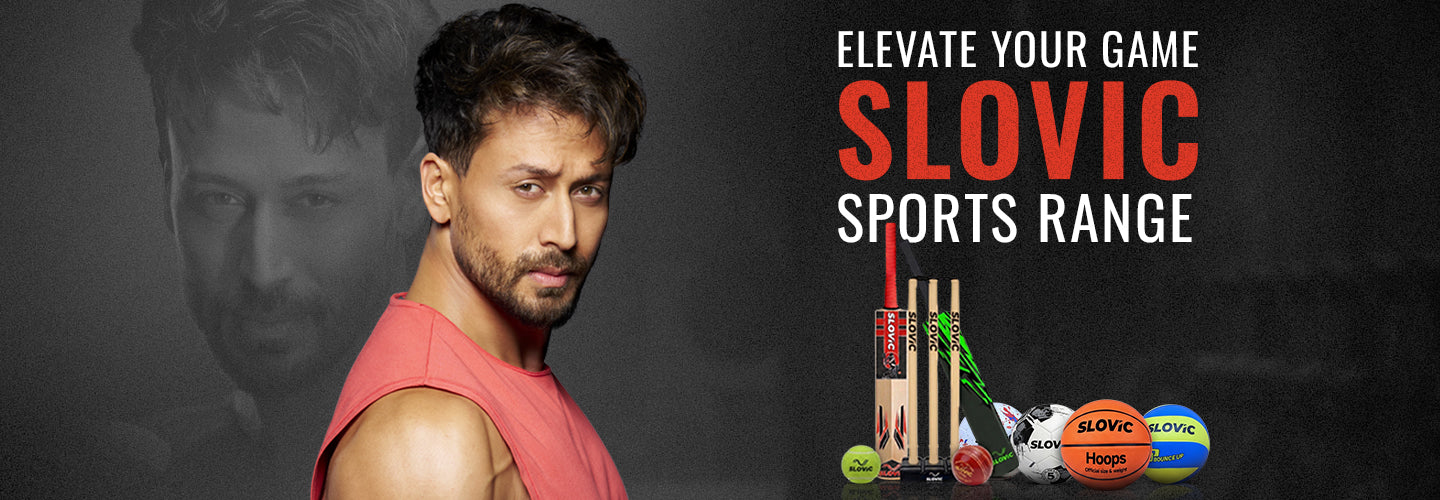 Promotional banner for Slovic Sports Range with Tiger Shroff in a red sleeveless shirt and sports equipment.