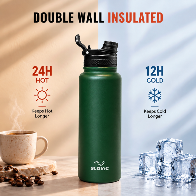Insulated FreezeX Bottle 1L - Stainless Steel Water Bottle - Green - Gym, Sports & Travel