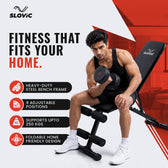 Man using a fitness bench with Slovic branding and product features listed.