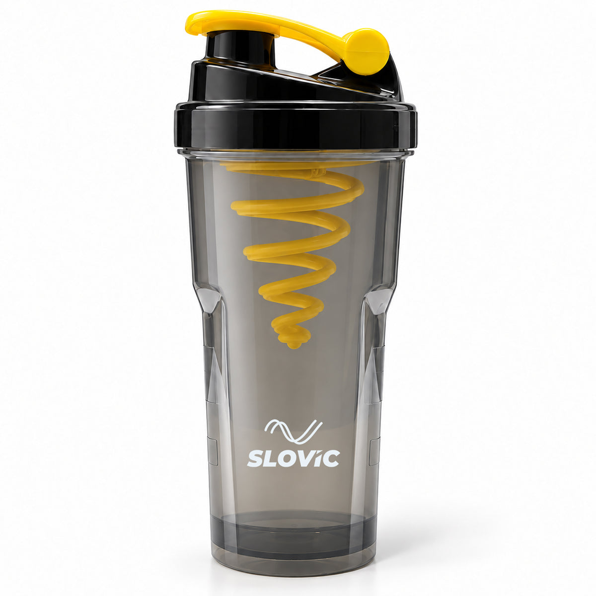 Slovic shaker bottle with yellow spiral, black lid, and Slovic logo.