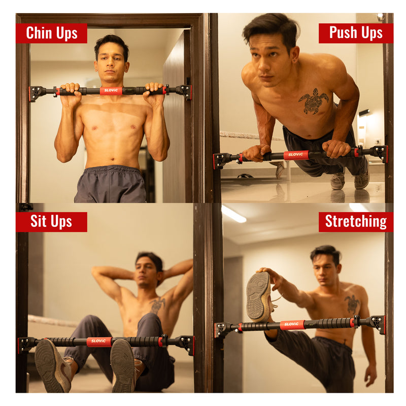 Man performing various exercises including chin-ups, push-ups, sit-ups, and stretching using a home gym setup with Slovic pull up bar or doorway pull up bar