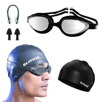 Swimming Combo – Goggles & Silicone Cap, Anti‑Fog, UV Protection, Universal Fit (Black)