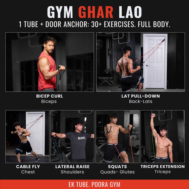 set of 5 Advertisement for 'Gym Ghar Lao' with various exercises using slovic resistance bands by Tiger Shroff
