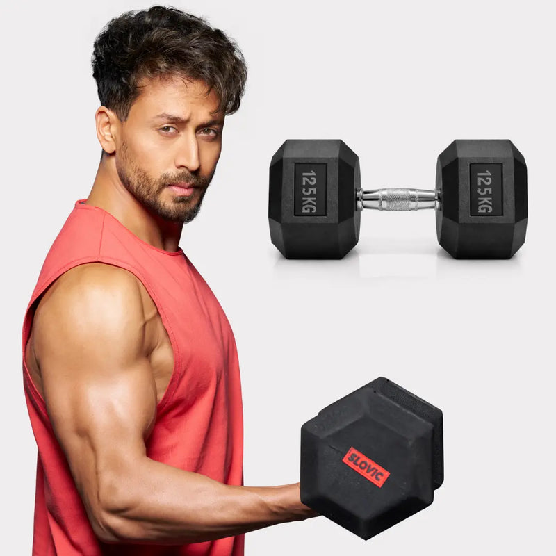 Tiger Shroff keeps it simple with the Slovic 12.5 kg single dumbbell—lightweight, easy to use, and perfect for home toning sessions