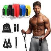 tiger Shroff holding Slovic resistance tubes set of 5 with colorful options and a black drawstring bag labeled 'Slovic' on a white background.