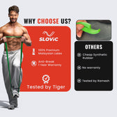 tiger Shroff holding a green resistance band with Slovic branding and product features highlighted.