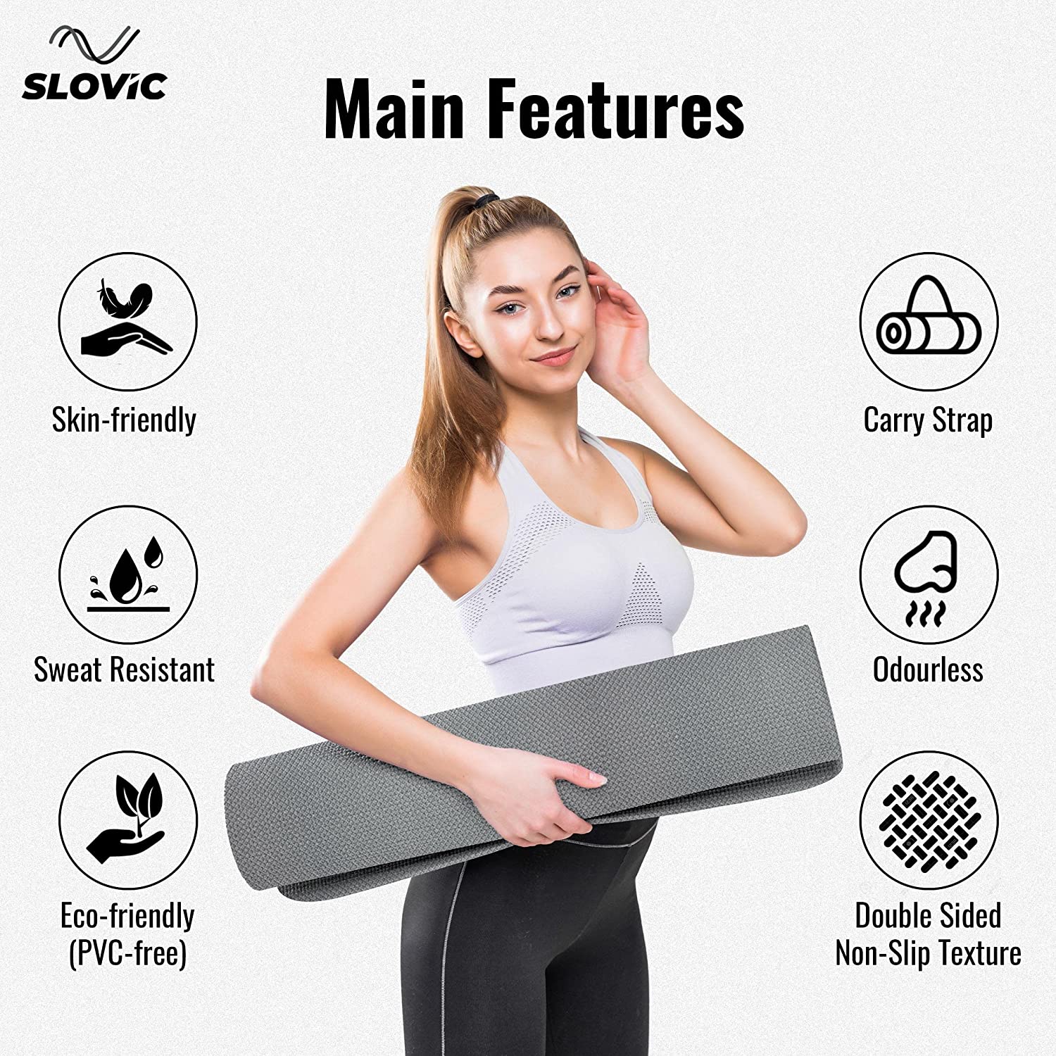 Slovic Non-Slip & Thick Cushion Yoga Mat with Carry Strap (Tpe 6Mm)